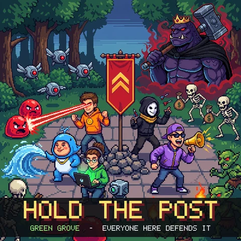 Five defenders hold a red banner against a horde and a crowned brute with a ban hammer